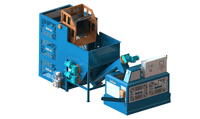 金属屑提升翻转集中供料压饼方案